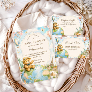Invitation Fête de naissance voyage ourson fantaisiste