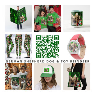 German Shepherd, Toy Reindeer, Green Snowflakes