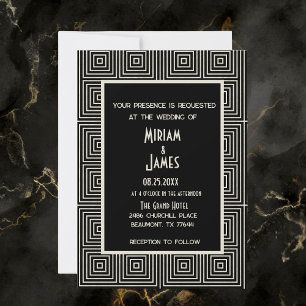 Invitation Mariage inspiré de l'Art déco noir et blanc vintag