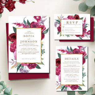 Invitation Mariage Floral Aquarelle Rouge Marron Luxe Romanti