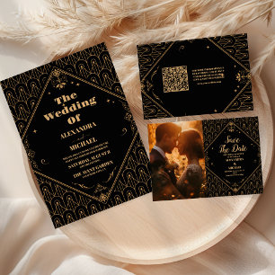 Carte D'accompagnement Mariage Art déco géométrique de code QR en or noir