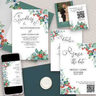 Invitation Berries d'hiver et Mariage d'aquarelle Holly