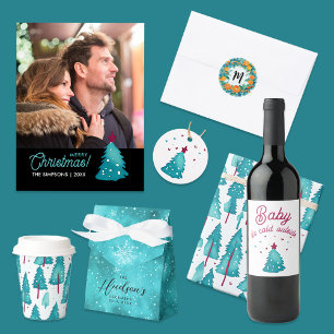 Papier Cadeau Motif d'aquarelle simple Turquoise Red Winter Pine