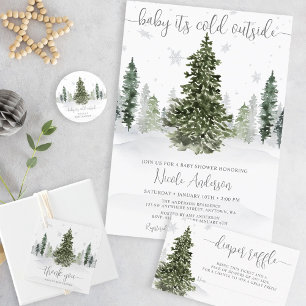 Sticker Rond Watercolor Winter Forest Grey Baby shower
