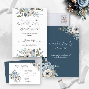 Invitation Tout En Un Floral bleu d'hiver