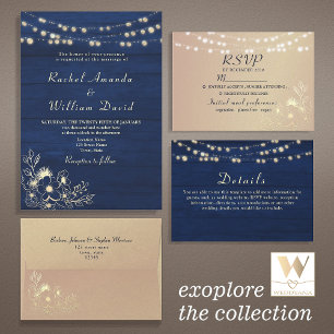 Invitation Tout En Un Russe String Lights Marine Blue Mariage QR Code