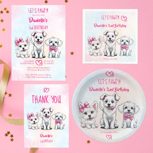 Sticker Rond Faisons pawty rose mignonette chiots fête d'annive