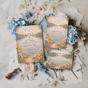 Save The Date Mariage romantique au bord d'un lac fleuri en forê