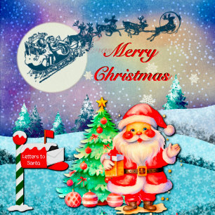 Carte Postale Joyeux Noël Père Noël, Sleigh, Reindeer, Snowflake