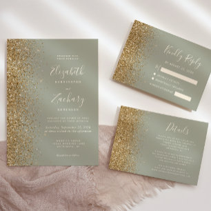 Invitation Mariage de Parties scintillant Sage Green Gold