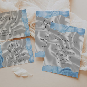 Carte D'accompagnement Bébé Bleu Argent Agate Blanc Soie Détails Mariage