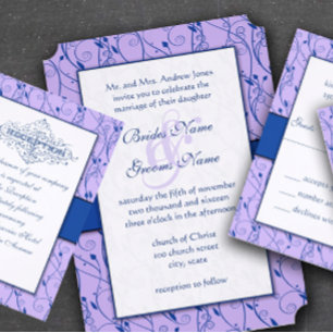 Invitation Mariage Monogram Royal Blue Lilac Swirl