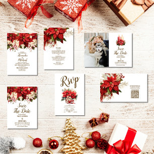 Invitation Tout En Un Pine Rustique Poinsettia Floral Mariage de Noël