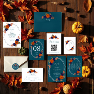 Cartons Réponse Rustique Automne Orange Navy Bleu Floral Mariage