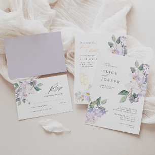 Étiquette Elegant Purple Watercolor Flowers & Green Wedding