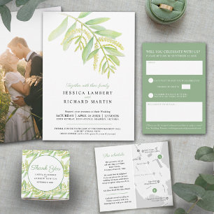 Invitation Tout En Un Eau verte à l'eucalyptus mariage RSVP