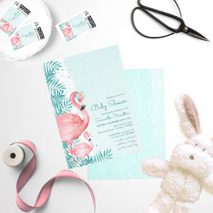 Invitation Flamant rose & Palm Feuille Baby shower aquarelle