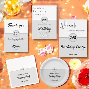 Carte De Remerciements Élégant Chic Noir Et Blanc Gris 20e Anniversaire