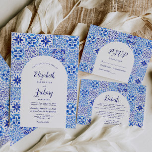 Invitation Mariage en carreaux portugais Arc bleu rustique