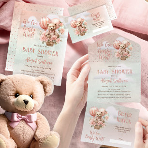 Invitation Tout En Un Teddy Bear Balloons Girl Bearly Wait Baby shower