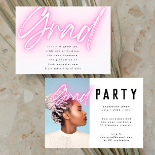 Invitation Pink Neon Elegant Ombre Grad Photo Party