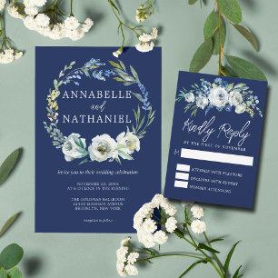 Invitation Elégante Marine Blue Floral Wreath Mariage d'hiver