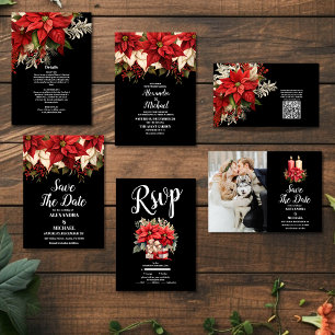 Invitation Rustique Noir Poinsettia Floral Mariage de Noël