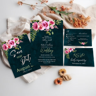 Invitation Classic Emerald Vert Floral Dark Moody Mariage