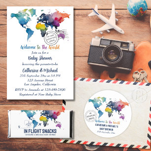 Invitation Adventure Await World Map Baby shower de voyage