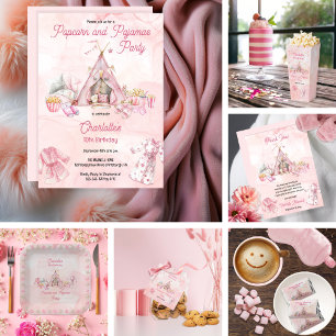 Invitation Popcorn rose et Pyjamas Swood fête d'anniversaire