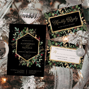 Invitation Vert doré Noir   Mariage de Noël