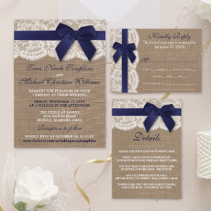 Invitation Ruban de la marine sur Burlap et Mariage de dentel
