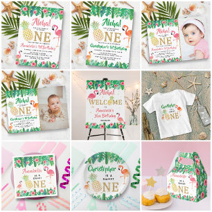 Sticker Rond Tropical Summer Beach Luau Girls 1er anniversaire