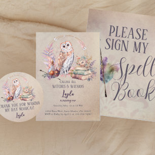 Magic Owl Girl Wizard First Birthday Invitation