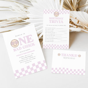 Invitation Super fille À damiers visage heureux   1er anniver