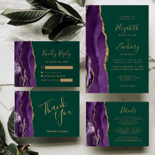 Invitation Agate moderne violet or Emerald Green Mariage