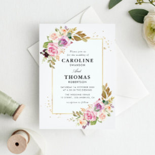 Invitation lavande violet et floral brun mariage géométrique