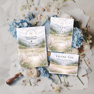 Invitation Mariage romantique dans une forêt de montagne brum