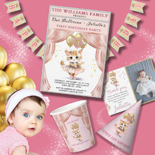 Invitation Charming Dancing Kitten Photo First Birthday Girl