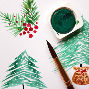 Cartes Pour Fêtes Annuelles Aquarelle Peinte à la main, Guirlande de pin, Baie