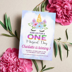 Invitation Aquarelle Floral Magique Unicorne 1er anniversaire