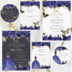Sticker Rond Royal Blue Gold Floral Princess Quinceanera