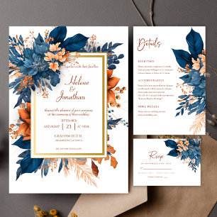 Invitation Indigo Rust Boho Floral Mariage Fête des mariées