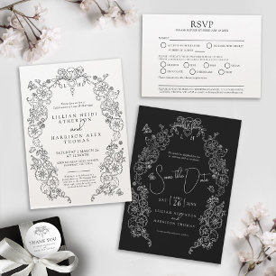 Invitation Trois Volets Fleur de lis noir blanc option repas mariage RSVP
