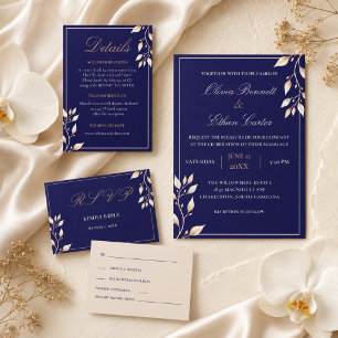 Save The Date Élégant mariage botanique aquarelle bleu marine or