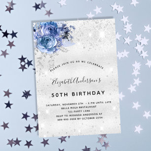 Invitation Argent marine bleu floral élégant anniversaire