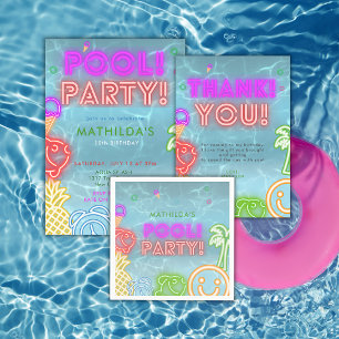 Invitation Fête d'anniversaire de piscine Neon Glow tout âge 