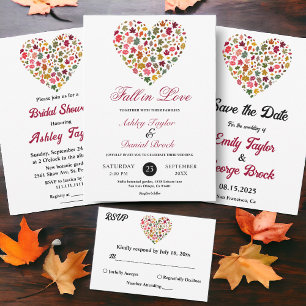 Invitation Tout En Un Élégant automne Feuilles coeur noir Mariage floral