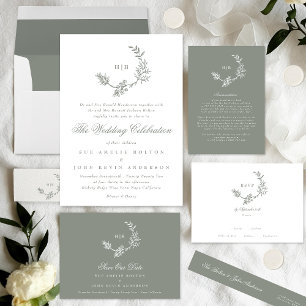 Invitation Sage Green Classic Floral Wreath Monogramme Mariag