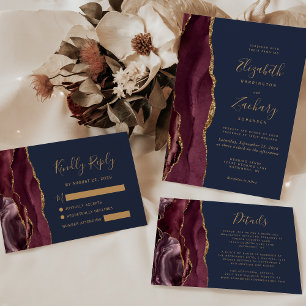 Invitation Moderne Burgundy Gold Agate Marine Blue Mariage